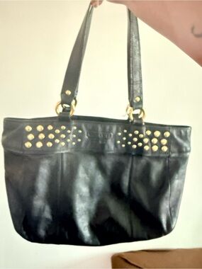 Coach Black Leather Shoulder Tote with Gold Studs